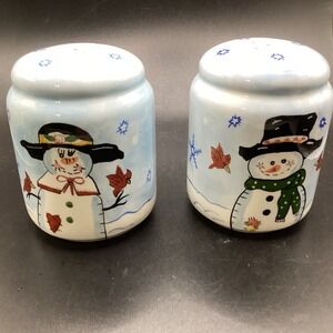 Blue Mr & Mrs Snowman Salt & Pepper Shakers-Holly Tree-3.5" Tall Christmas Decor